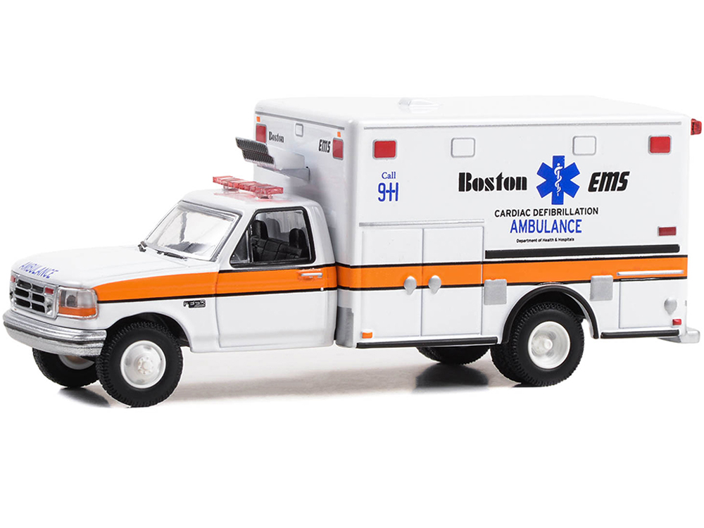 1994 Ford F-350 Ambulance - Boston EMS Cardiac Defibrillation Ambulance Boston Massachusetts First Responders Hobby Exclusive 1/64 Diecast Model Car by Greenlight
