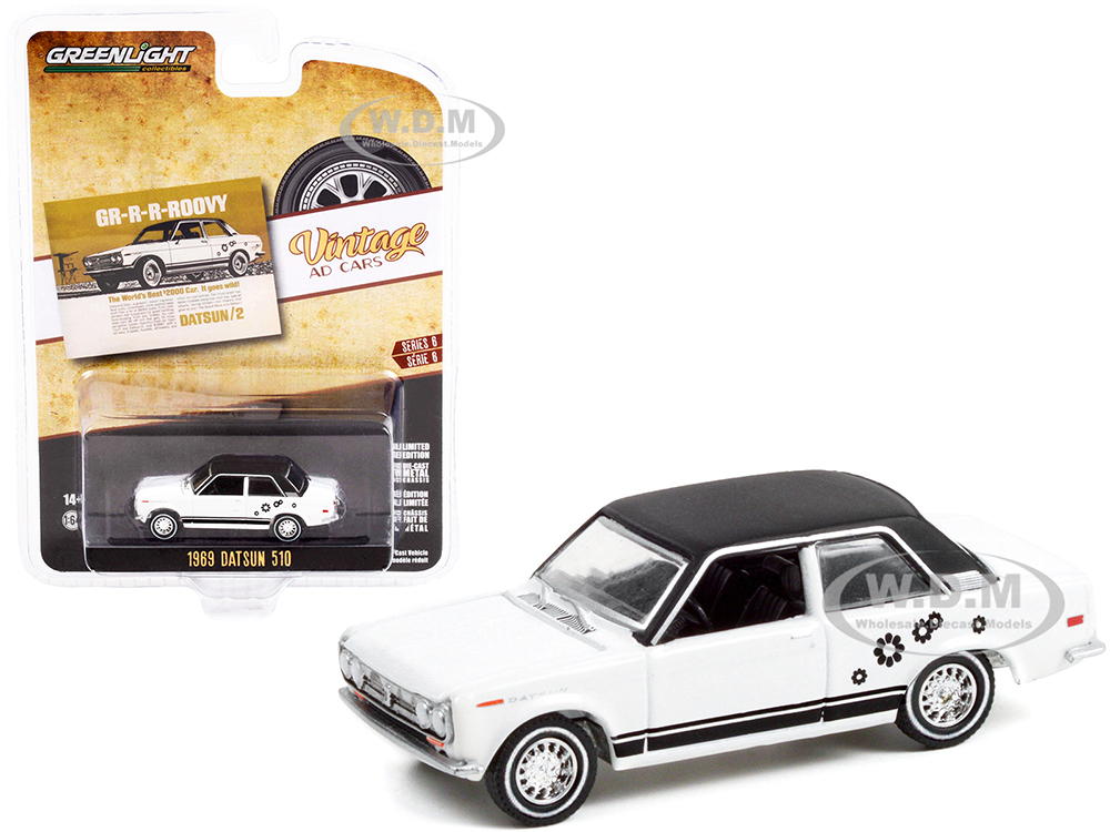 1969 Datsun 510 White and Black with Graphics "GR-R-R-ROOVY The Worlds Best 2000 Car. It Goes Wild" "Vintage Ad Cars" Series 6 1/64 Diecast Model Car