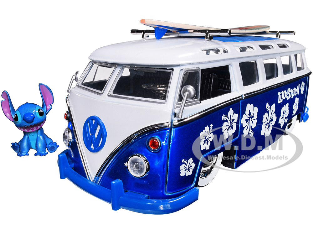 Volkswagen T1 Bus Candy Blue and White with Stitch Diecast Figurine and Surfboard "Lilo &amp; Stitch" Disney "Hollywood Rides" Series 1/24 Diecast Mo
