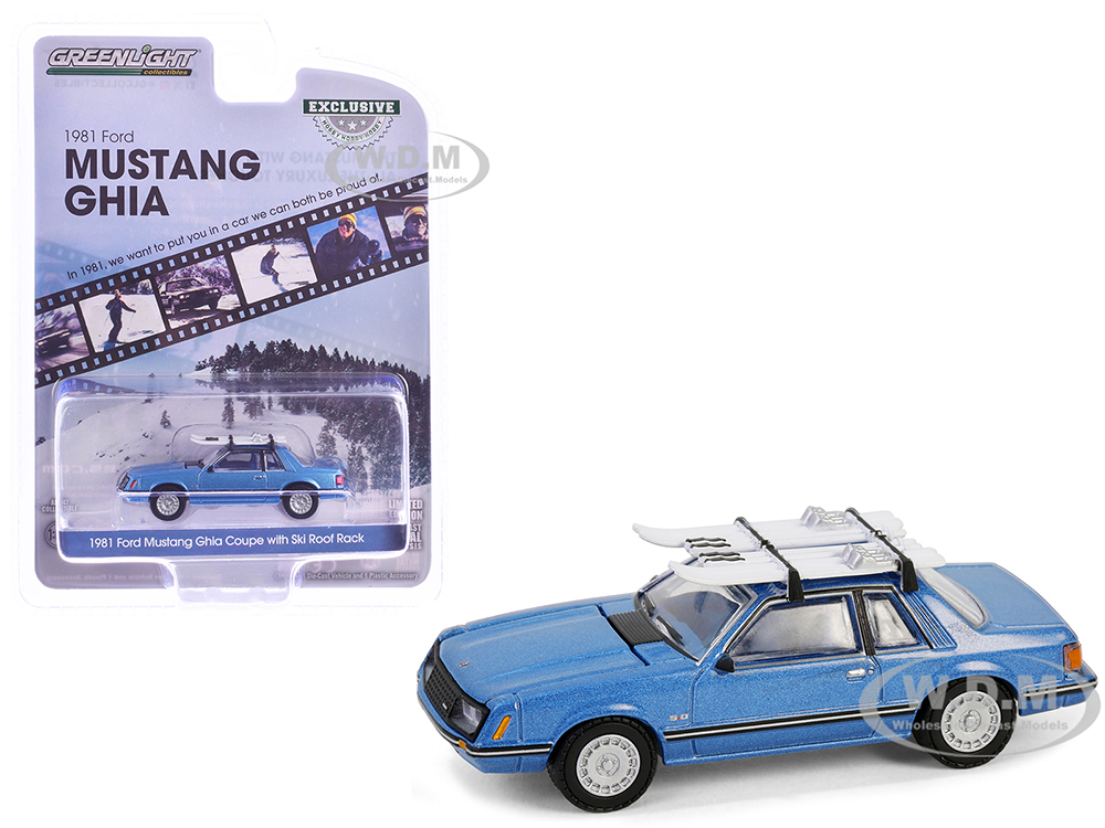 1981 Ford Mustang Ghia Coupe Blue Glow Metallic with Ski Roof Rack Hobby Exclusive Series 1/64 Diecast Model Car by Greenlight