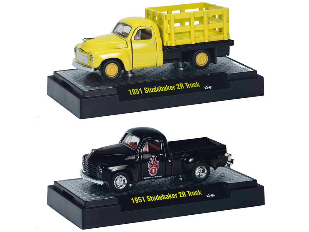 1951 Studebaker 2R Stake Truck Yellow and 1951 Studebaker 2R Pickup Truck Black 2 piece Set 1/64 Diecast Model Cars by M2 Machines