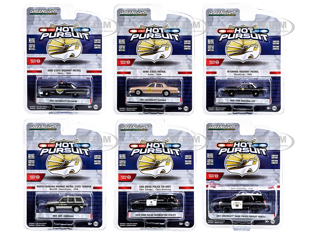 "Hot Pursuit" Set of 6 Police Cars Series 43 1/64 Diecast Model Cars by Greenlight