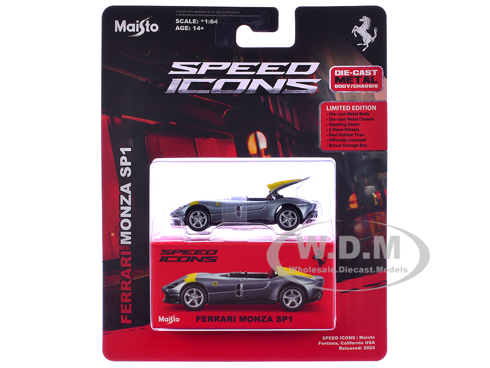 Ferrari Monza SP1 Silver Metallic with Yellow Stripes Speed Icons Series 1/64 Diecast Model Car by Maisto