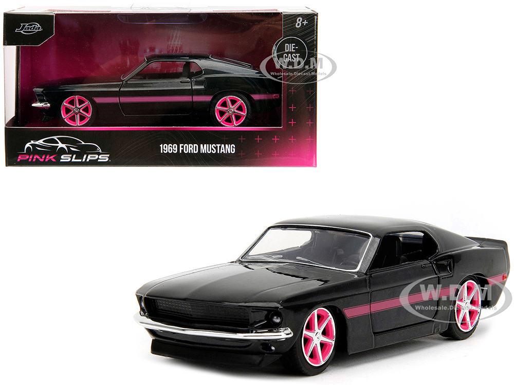 1969 Ford Mustang Black Metallic with Pink Stripes and Wheels Pink Slips Series 1/32 Diecast Model Car by Jada