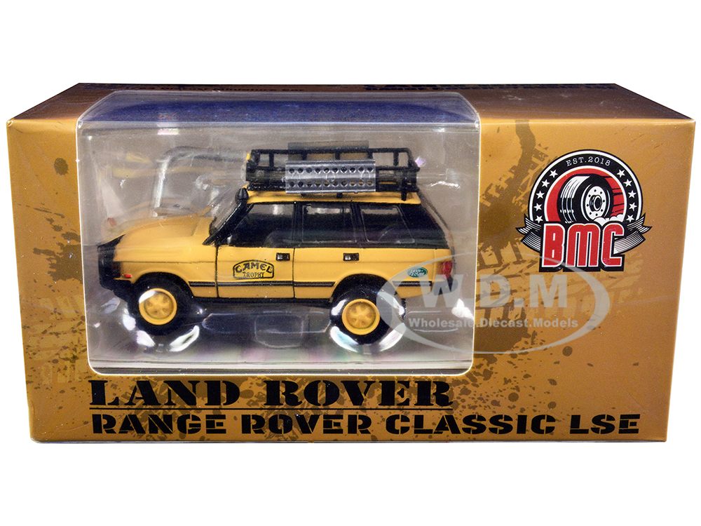 Land Rover Range Rover Classic LSE RHD (Right Hand Drive) Camel Trophy Yellow With Roof Rack Extra Wheels And Accessories 1/64 Diecast Model Car By