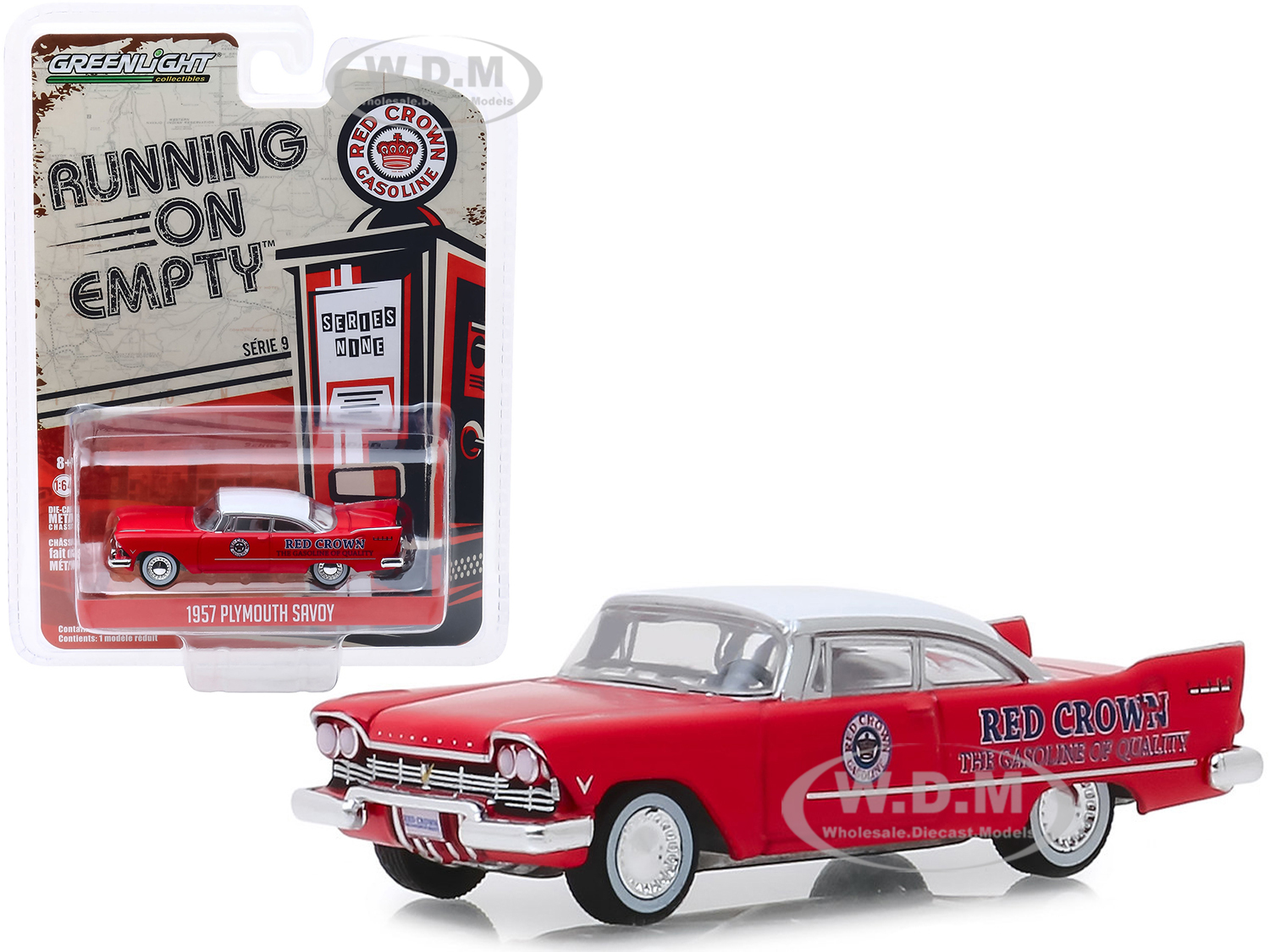 1957 Plymouth Savoy Red With White Top "red Crown" "running On Empty" Series 9 1/64 Diecast Model Car By Greenlight