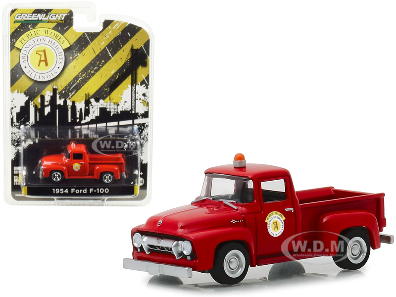 1954 Ford F-100 Pickup Truck Red "public Works" Arlington Heights Illinois "hobby Exclusive" 1/64 Diecast Model Car By Greenlight