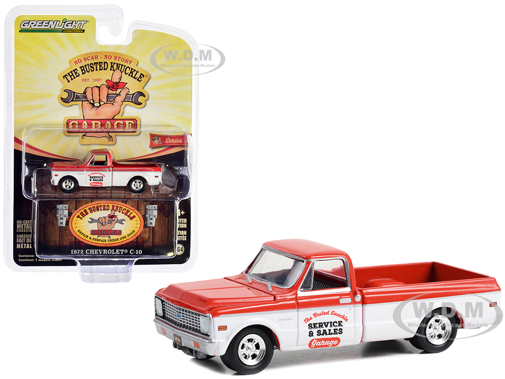 1972 Chevrolet C-10 Shortbed Pickup Truck Red and White The Busted Knuckle Garage Service & Sales Busted Knuckle Garage Series 2 1/64 Diecast Model Car by Greenlight