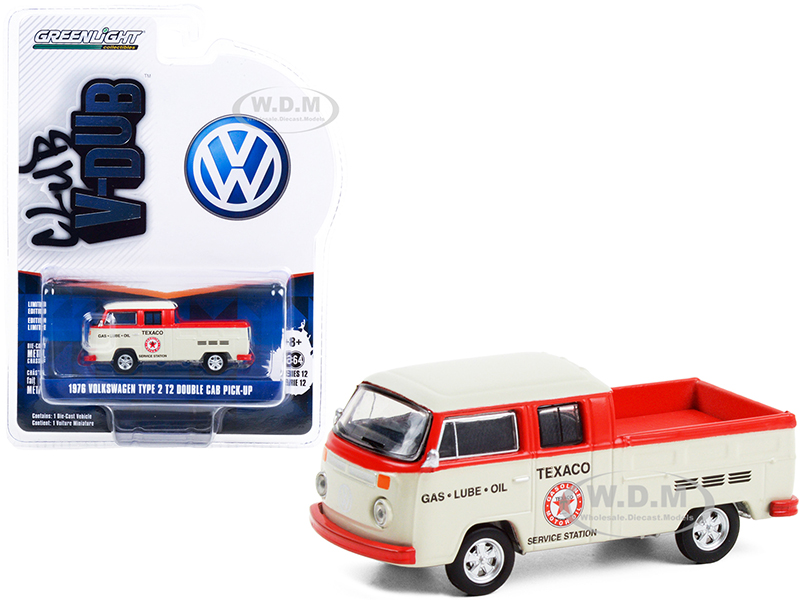 1976 Volkswagen T2 Type 2 Double Cab Pickup Truck Texaco Service Cream and Red Club Vee V-Dub Series 12 1/64 Diecast Model Car by Greenlight