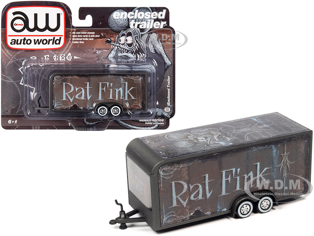 4-Wheel Enclosed Car Trailer Dark Gray With Graphics Rat Fink 1/64 Diecast Model By Auto World