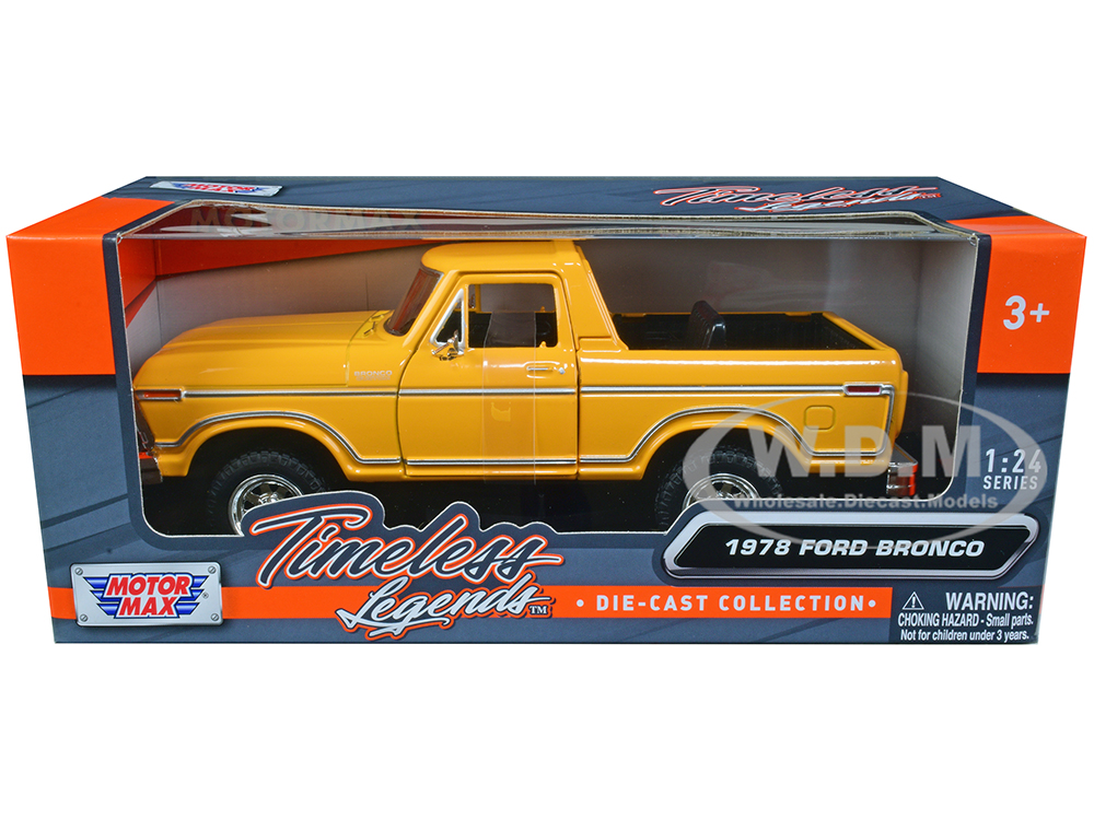 1978 Ford Bronco Custom (Open Top) Yellow with "Timeless Legends" Series 1/24 Diecast Model Car by Motormax