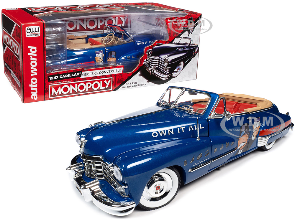 1947 Cadillac Series 62 Convertible Blue Metallic with Red Interior and "Monopoly" Graphics and Mr. Monopoly Resin Figure 1/18 Diecast Model Car by A