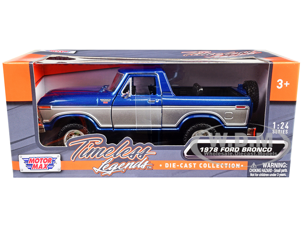 1978 Ford Bronco Ranger XLT (Open Top) with Spare Tire Blue Metallic and Silver "Timeless Legends" Series 1/24 Diecast Model Car by Motormax