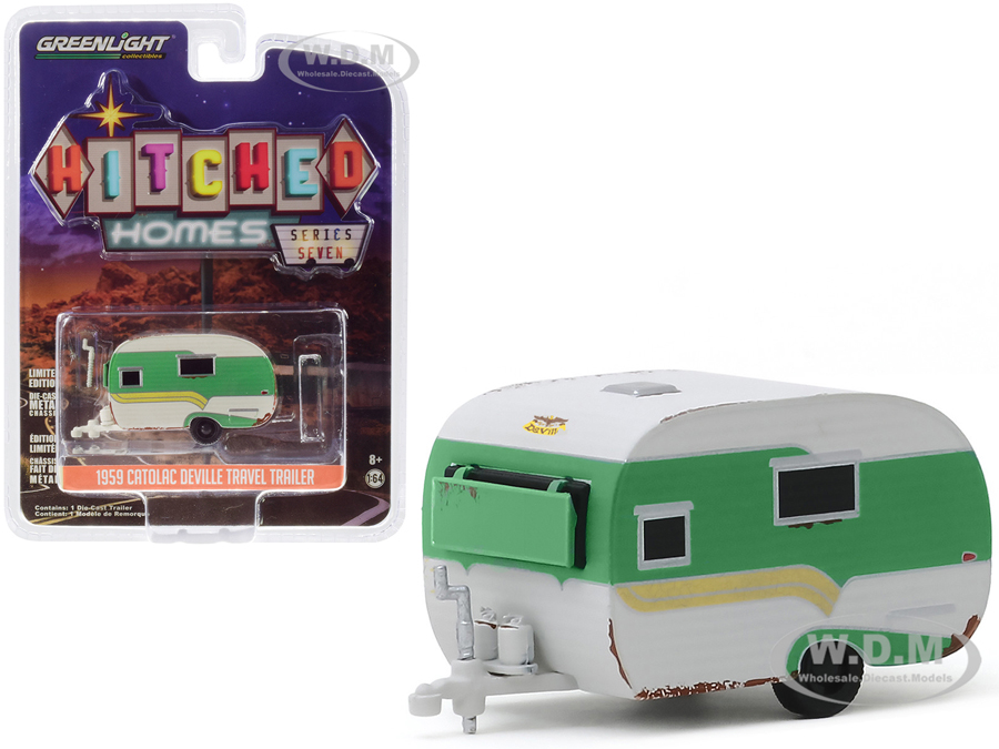 1959 Catolac Deville Travel Trailer Green And White (unrestored) "hitched Homes" Series 7 1/64 Diecast Model By Greenlight