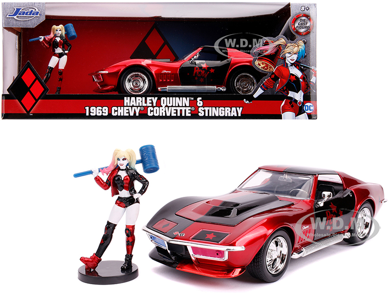 1969 Chevrolet Corvette Stingray with Harley Quinn Diecast Figurine DC Comics Series 1/24 Diecast Model Car by Jada