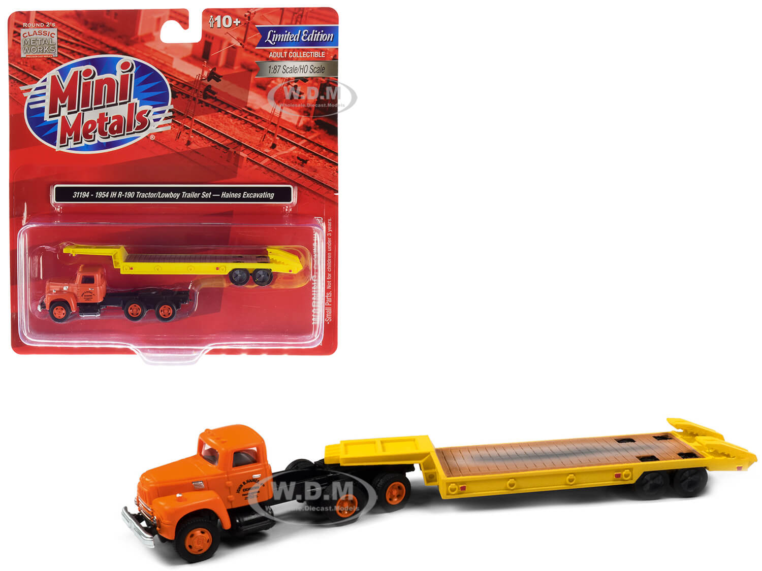 1954 Ih R-190 Tractor Truck With Lowboy Trailer "haines Excavating" Orange And Yellow 1/87 (ho) Scale Model By Classic Metal Works