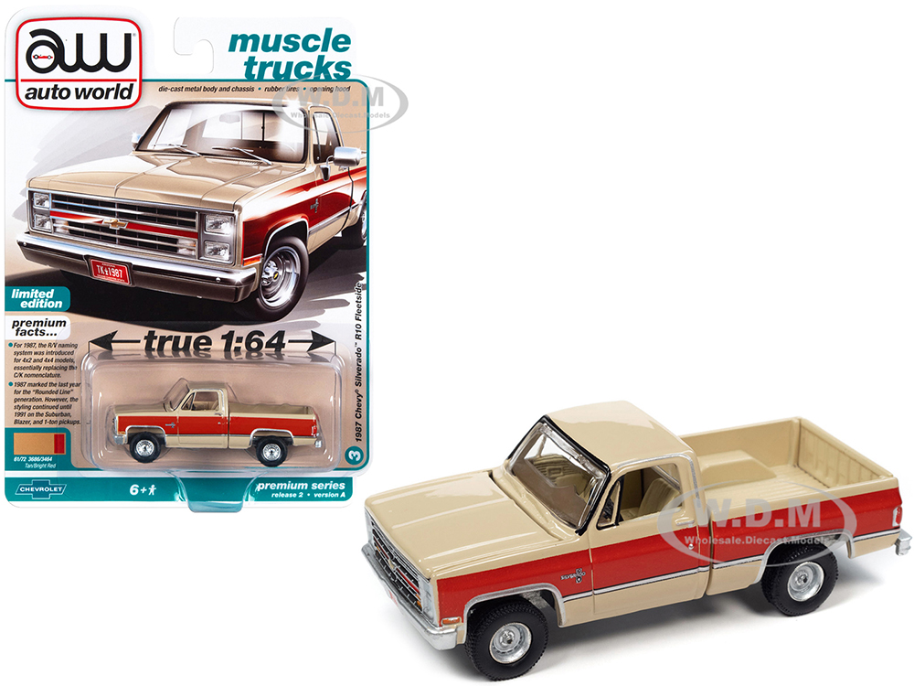 1987 Chevrolet Silverado R10 Fleetside Pickup Truck Tan and Bright Red Muscle Trucks Limited Edition 1/64 Diecast Model Car by Auto World