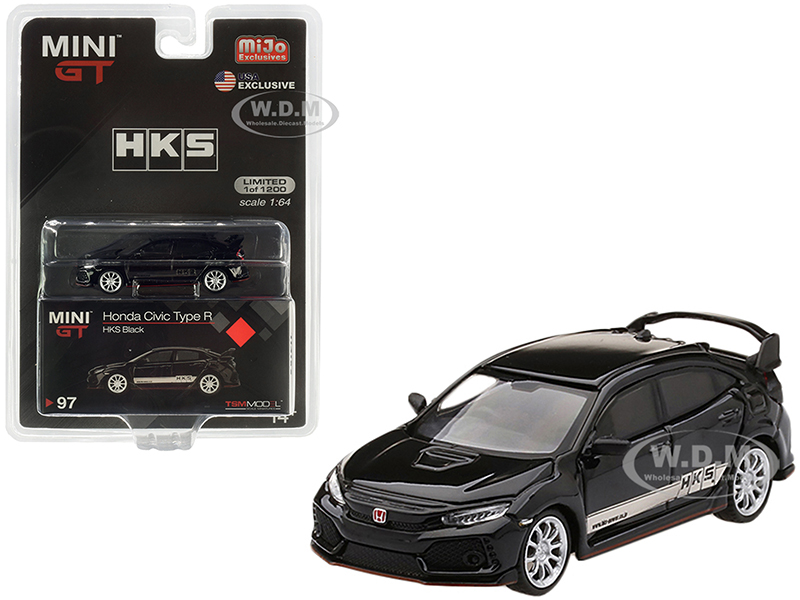 Image of Honda Civic Type R (FK8) RHD (Right Hand Drive) Black with White Stripes "HKS" Limited Edition to 1200 pieces Worldwide 1/64 Diecast Model Car by Tru