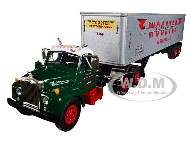 Image of Mack B-61 Day Cab Green with 40 Vintage Trailer "Wooster Express Inc." 15th in a "Fallen Flag Series" 1/64 Diecast Model by First Gear