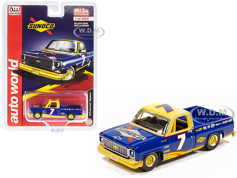 Image of 1973 Chevrolet Cheyenne Pickup Truck 7 "Sunoco" Dark Blue and Yellow Limited Edition to 4800 pieces Worldwide 1/64 Diecast Model Car by Autoworld