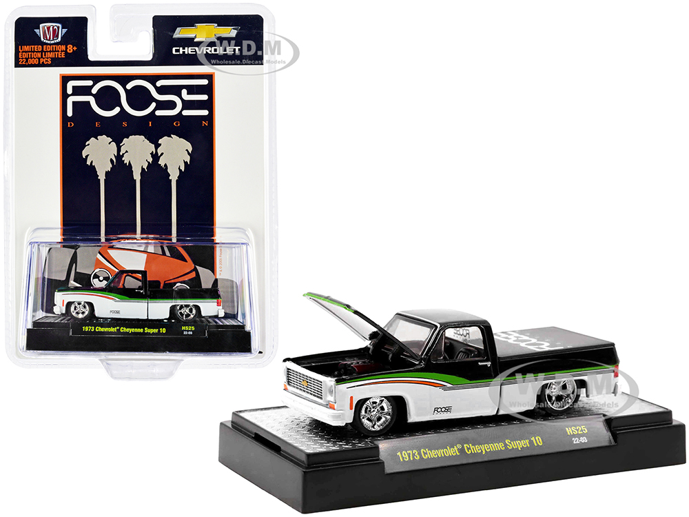 1973 Chevrolet Cheyenne Super 10 Pickup Truck Black and White with Stripes "Foose" Limited Edition to 22000 pieces Worldwide 1/64 Diecast Model Car b