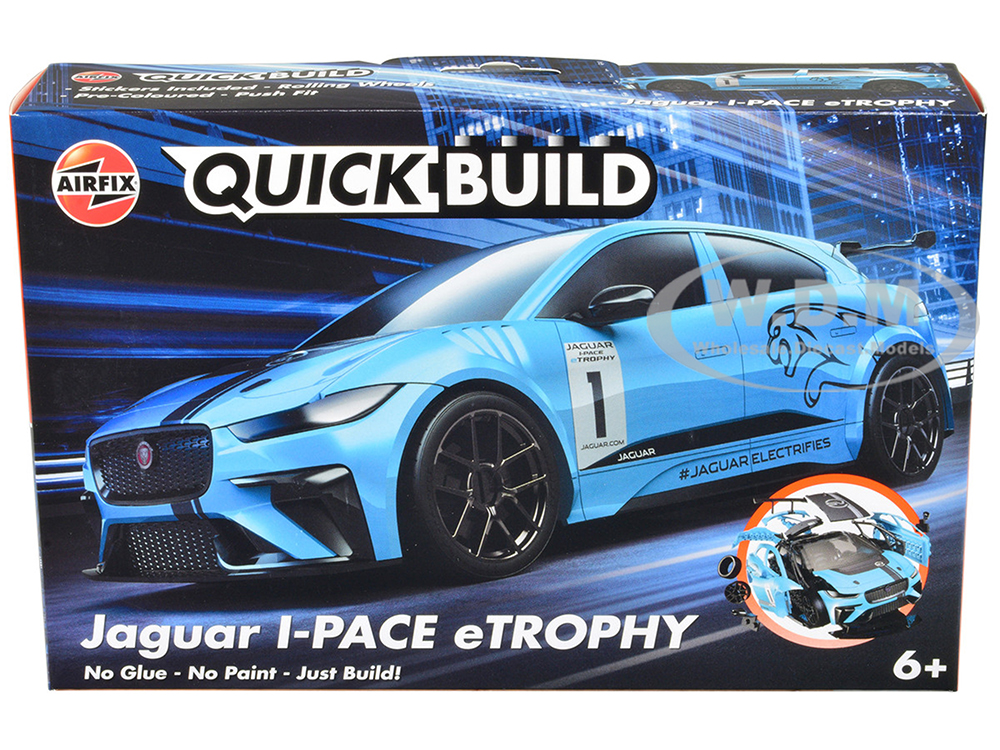 Skill 1 Model Kit Jaguar I-Pace eTrophy Blue Snap Together Painted Plastic Model Car Kit by Airfix Quickbuild