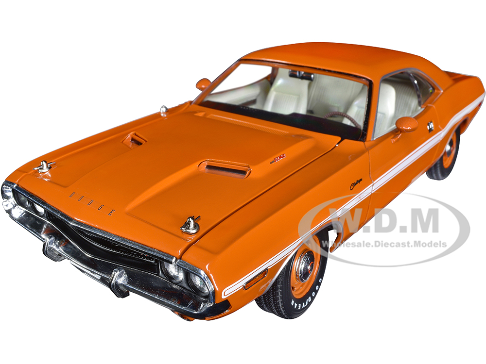 1970 Dodge Challenger R/T Go Mango Orange with White Stripes 1/18 Diecast Model Car by Greenlight