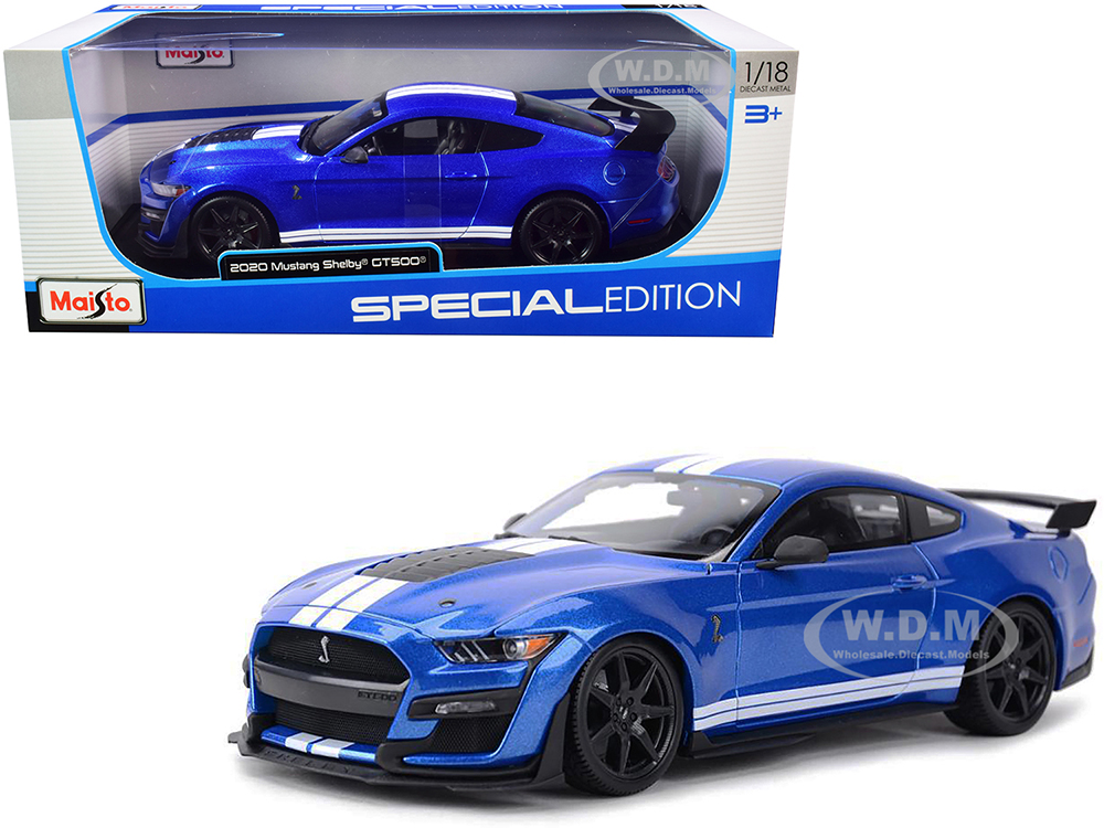 2020 Ford Mustang Shelby GT500 Blue Metallic with White Stripes Special Edition 1/18 Diecast Model Car by Maisto