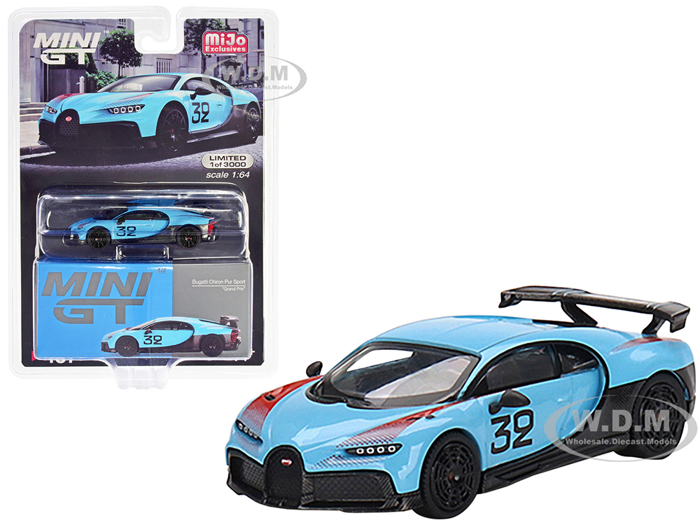 Bugatti Chiron Pur Sport 32 Light Blue with Red Graphics "Grand Prix" Limited Edition to 3000 pieces Worldwide 1/64 Diecast Model Car by True Scale M