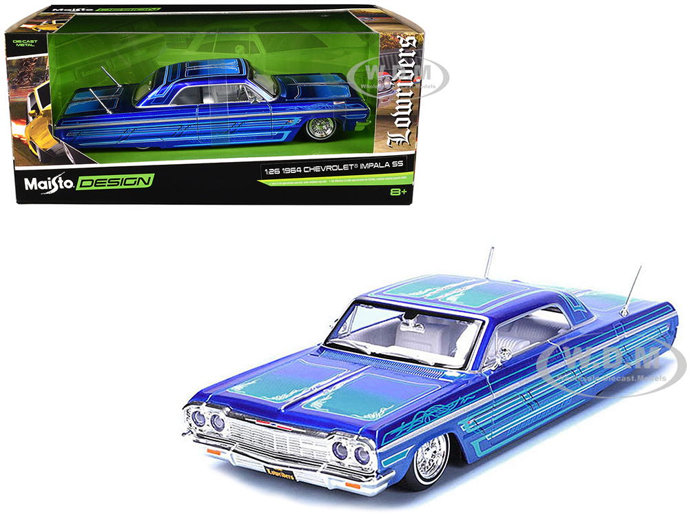 1964 Chevrolet Impala SS Lowrider Candy Blue with Graphics and White Interior Lowriders Maisto Design Series 1/26 Diecast Model Car by Maisto