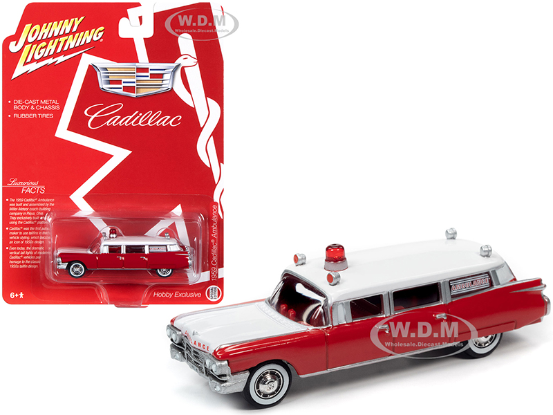 Image of 1959 Cadillac Ambulance Red and White "Special Edition" 1/64 Diecast Model Car by Johnny Lightning