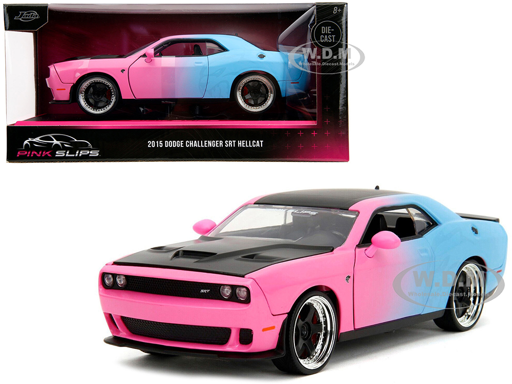 2015 Dodge Challenger SRT Hellcat Pink and Blue Gradient with Matt Black Hood and Top "Pink Slips" Series 1/24 Diecast Model Car by Jada