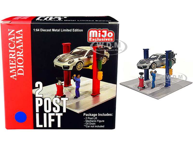 Two Post Lift (Blue) with Mechanic Figurine and Oil Drainer Diorama Set for 1/64 Scale Models by American Diorama