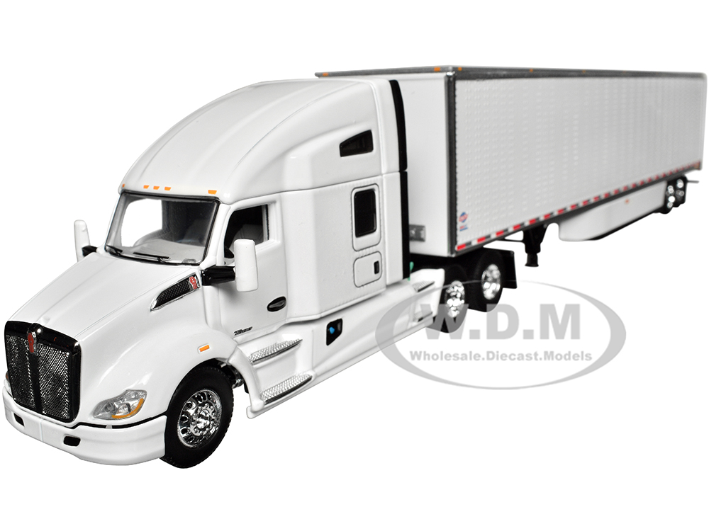 Kenworth T680 with 76 High Roof Sleeper and 53 Smooth Sided Dry Goods Trailer White 1/64 Diecast Model by DCP/First Gear