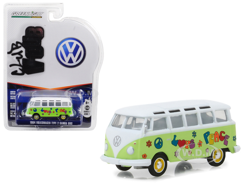 1964 Volkswagen Type 2 Samba Bus Hippie "Peace and Love" Light Green with Top Series 7 Club Vee Dub 1/64 Diecast Model Car by Greenlight