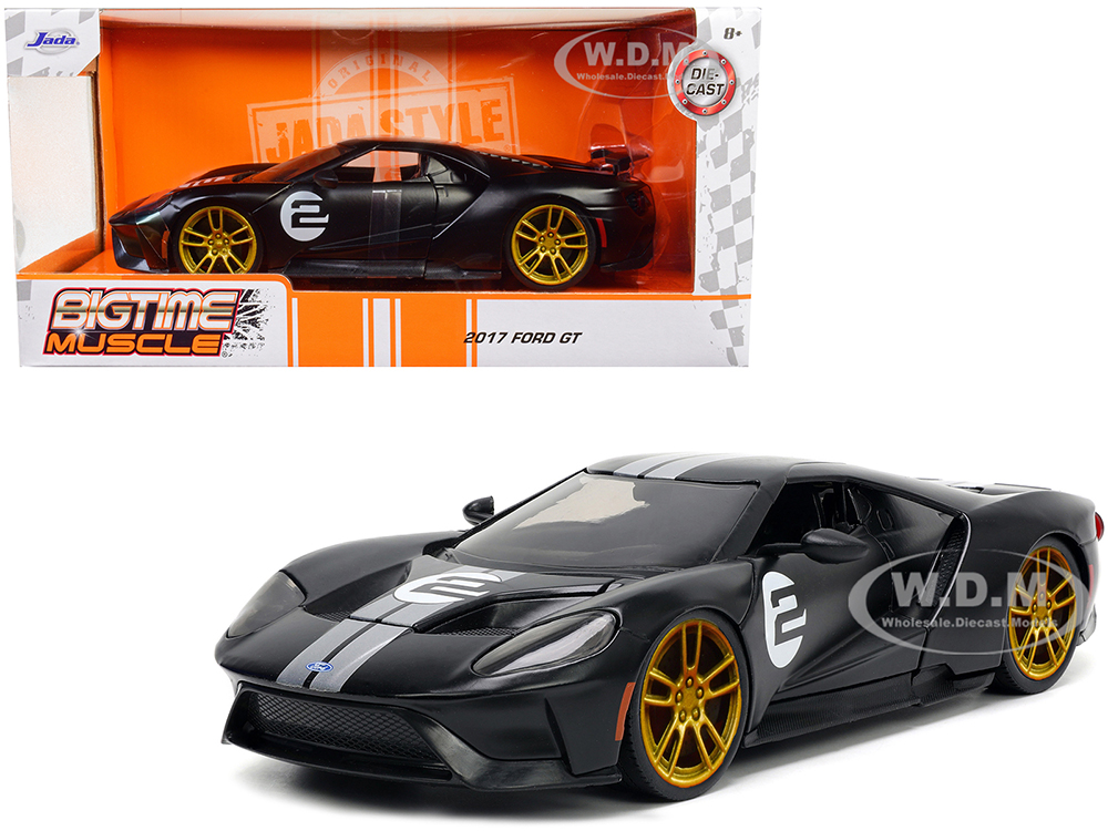 2017 Ford GT #2 Matt Black with Silver Stripes and Gold Wheels Bigtime Muscle Series 1/24 Diecast Model Car by Jada