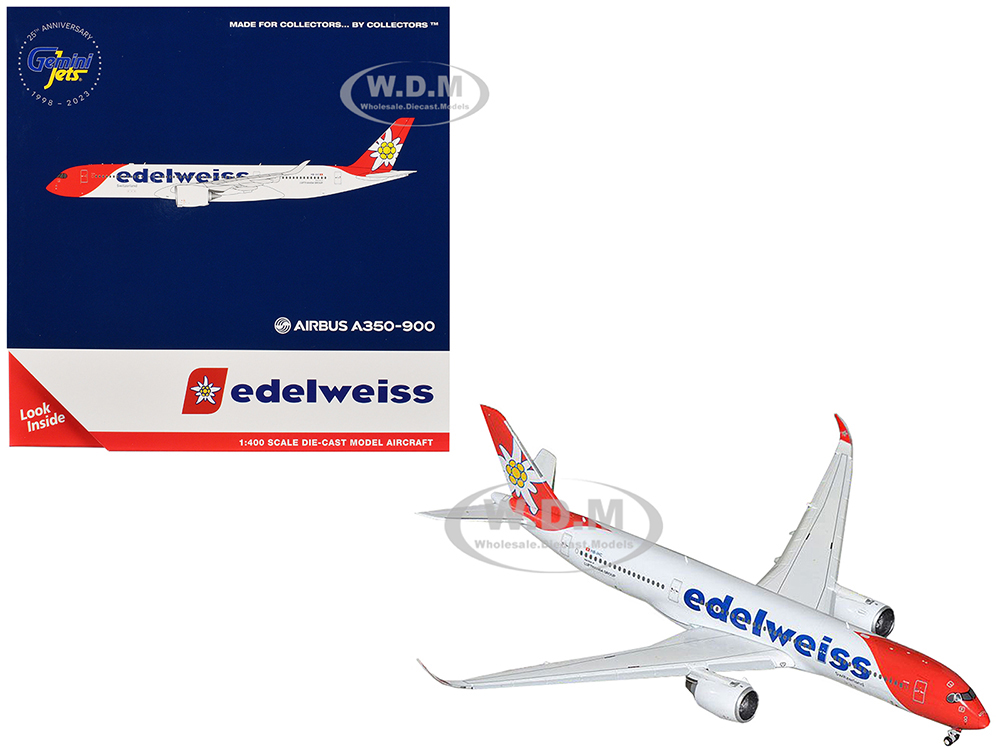 Airbus A350-900 Commercial Aircraft with Flaps Down Configuration Edelweiss Air (HB-IHC) White with Red Tail 1/400 Diecast Model Airplane by GeminiJets