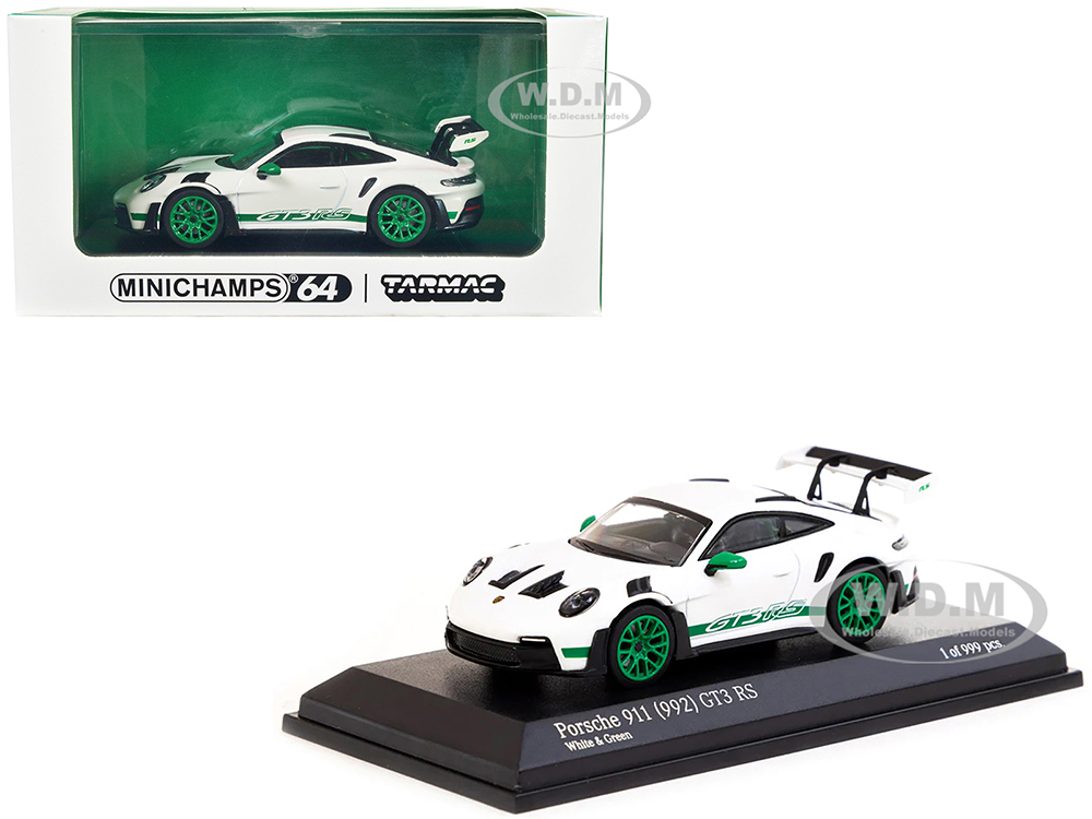 Porsche 911 (992) GT3 RS White with Green Stripes and Wheels Limited Edition to 999 pieces Worldwide 1/64 Diecast Model Car by Minichamps & Tarma