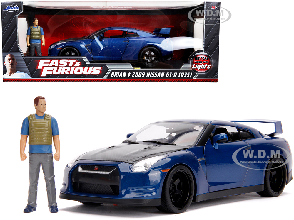 2009 Nissan GT-R (R35) Blue Metallic and Carbon with Lights and Brian Figurine Fast & Furious Movie 1/18 Diecast Model Car by Jada
