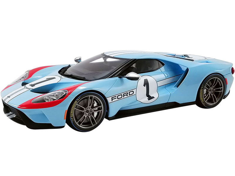 2020 Ford GT 1 Heritage Edition "1966 Le Mans" Light Blue with Red and White Stripes 1/18 Model Car by GT Spirit for ACME
