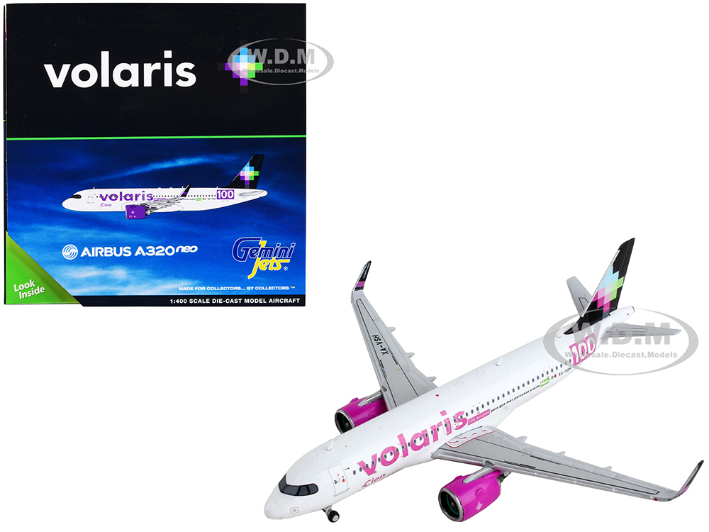 Airbus A320neo Commercial Aircraft "Volaris - 100 Aviones" White and Pink 1/400 Diecast Model Airplane by GeminiJets