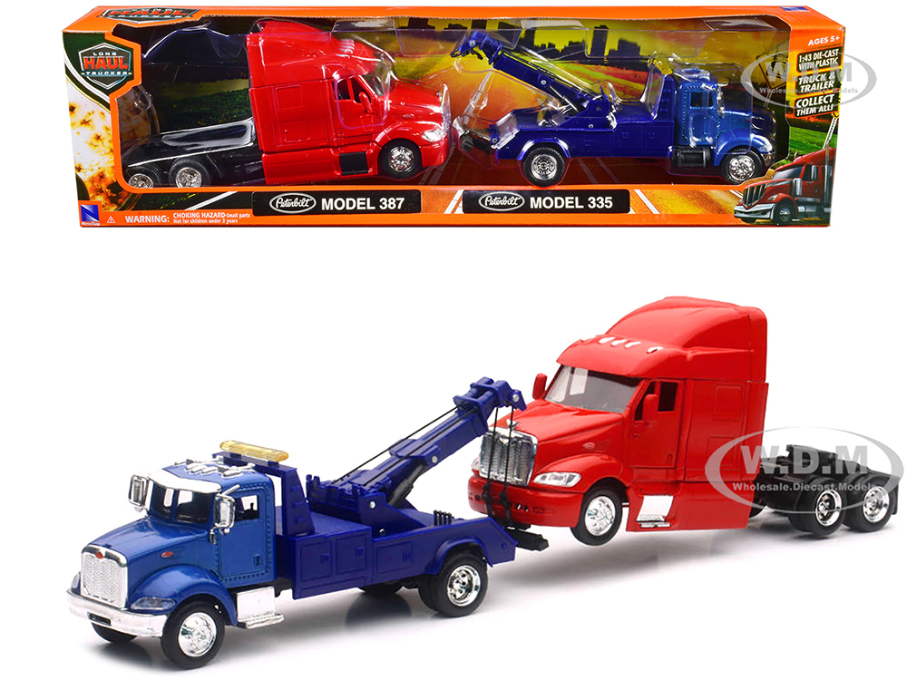 Peterbilt Model 335 Tow Truck Blue and Peterbilt Model 387 Cab Red Set of 2 Pieces 1/43 by New Ray