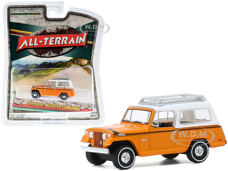 1971 Jeep Jeepster Commando with Roof Rack Orange with White Top "All Terrain" Series 10 1/64 Diecast Model Car by Greenlight