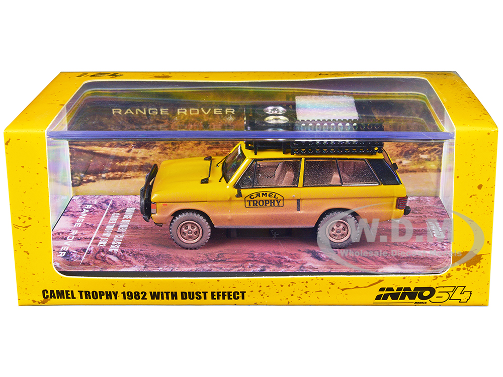 Land Rover Range Rover Classic "Camel Trophy 1982" Yellow (Dust Effect) with Roof Rack Tool Box and 4 Oil Container Accessories 1/64 Diecast Model Ca