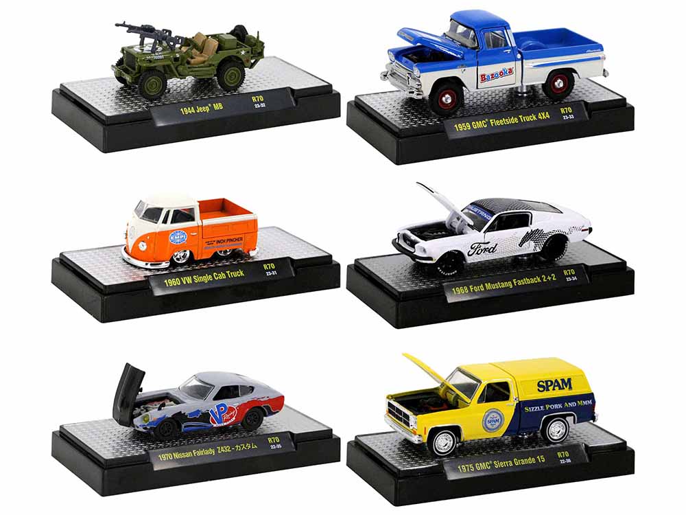 "Auto Meets" Set of 6 Cars IN DISPLAY CASES Release 70 Limited Edition 1/64 Diecast Model Cars by M2 Machines