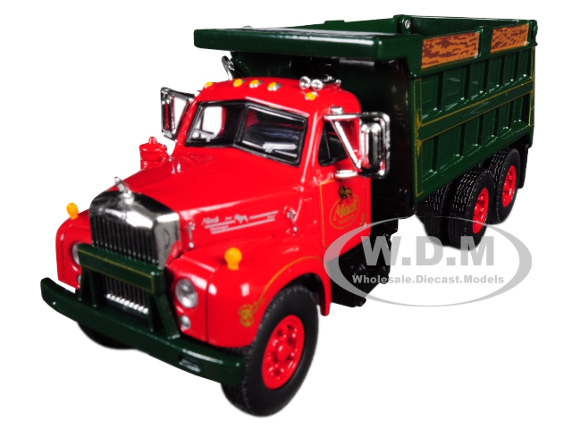 Image of Mack B-61 Tandem Axle Dump Truck "Mack Trucks Inc." Red Cab and Green Body 1/64 Diecast Model by First Gear