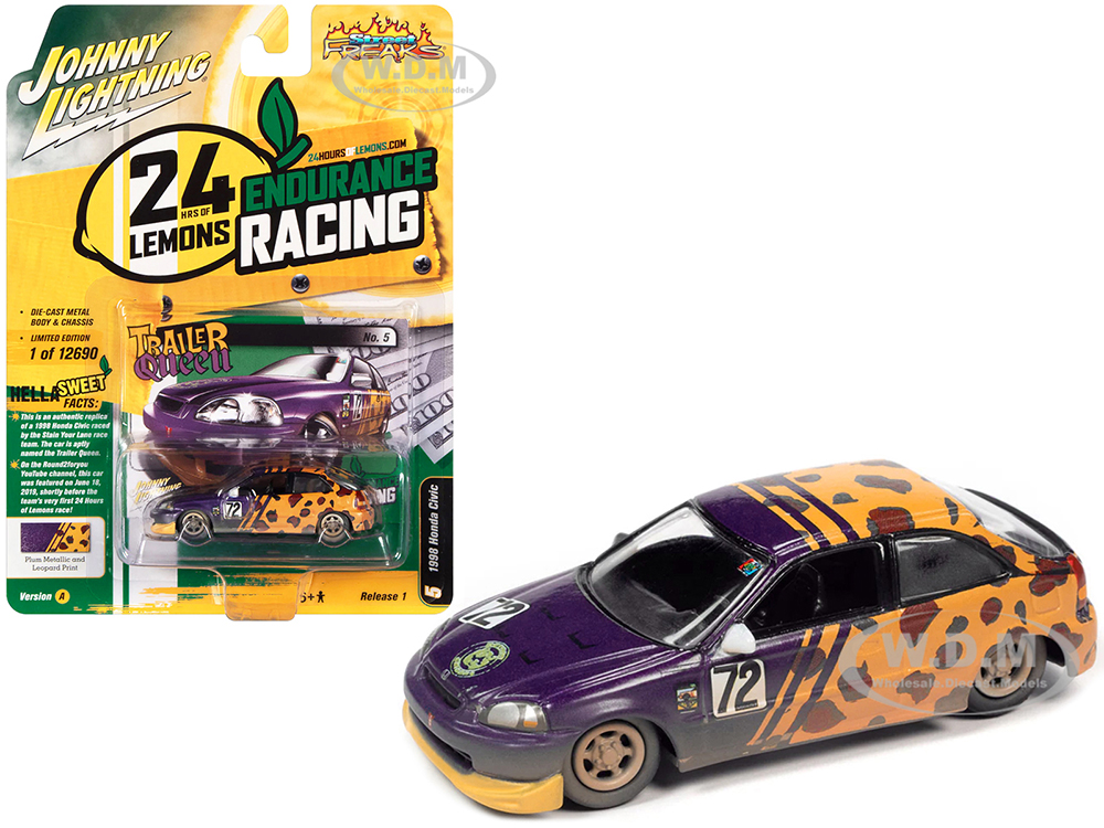 1998 Honda Civic #72 Purple Metallic and Leopard Print (Raced Version) 24 Hours of Lemons (2019) Limited Edition to 12690 pieces Worldwide Street Freaks Series 1/64 Diecast Model Car by Johnny Lightning