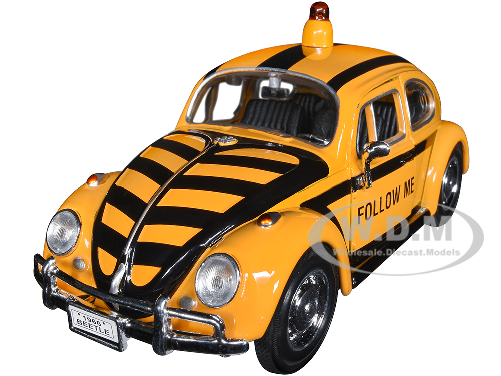 1966 Volkswagen Beetle Follow Me Airport Safety Vehicle Yellow with Black Stripes 1/24 Diecast Model Car by Motormax