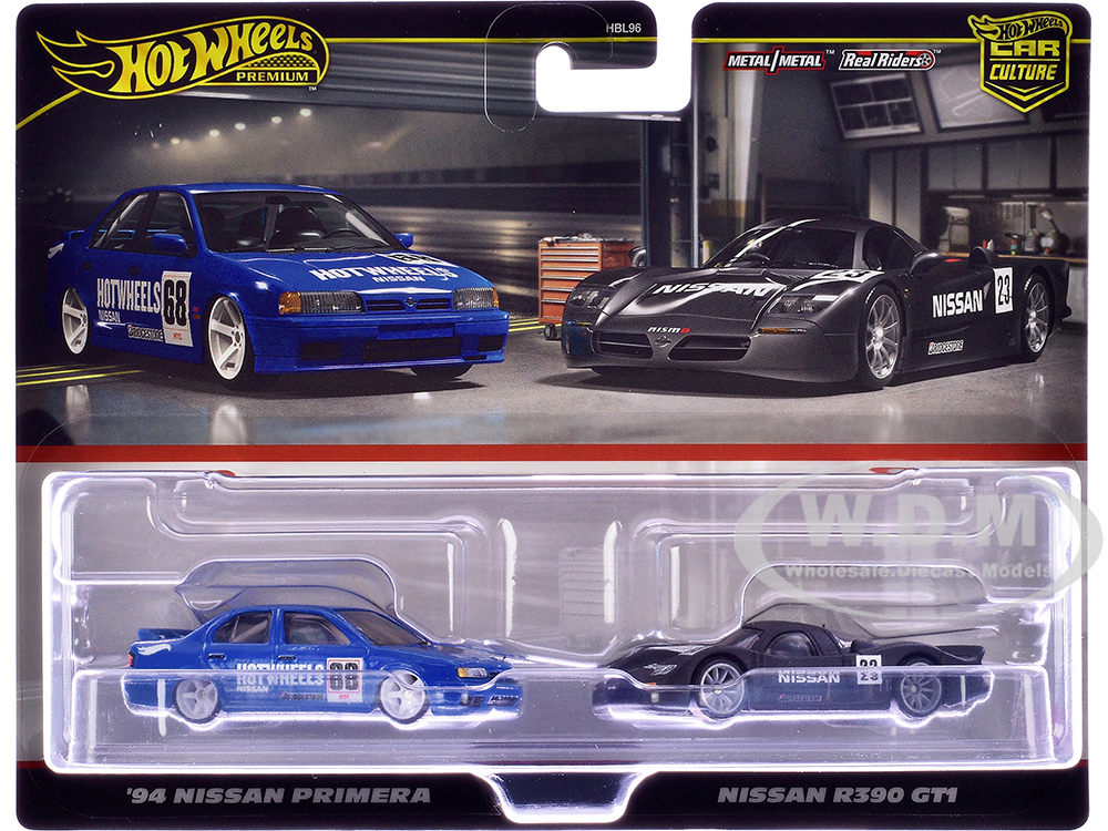 1994 Nissan Primera RHD (Right Hand Drive) #68 Blue and Nissan R390 GT1 #23 Matt Black Car Culture Set of 2 Cars Diecast Model Cars by Hot Wheels