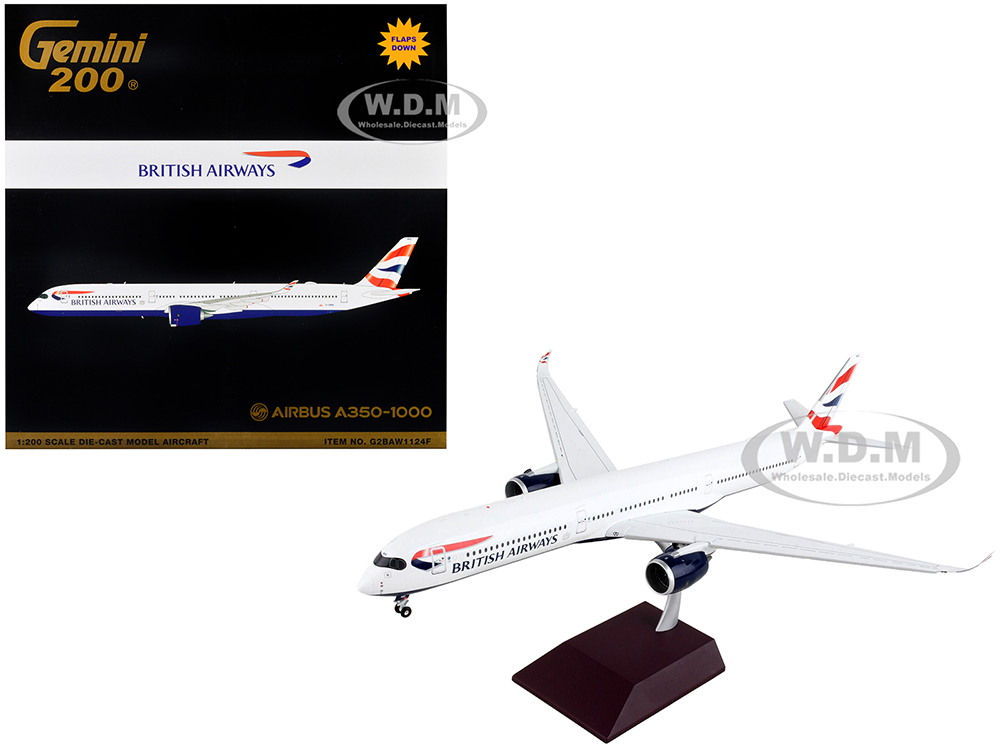 Airbus A350-1000 Commercial Aircraft with Flaps Down British Airways White with Striped Tail Gemini 200 Series 1/200 Diecast Model Airplane by GeminiJets